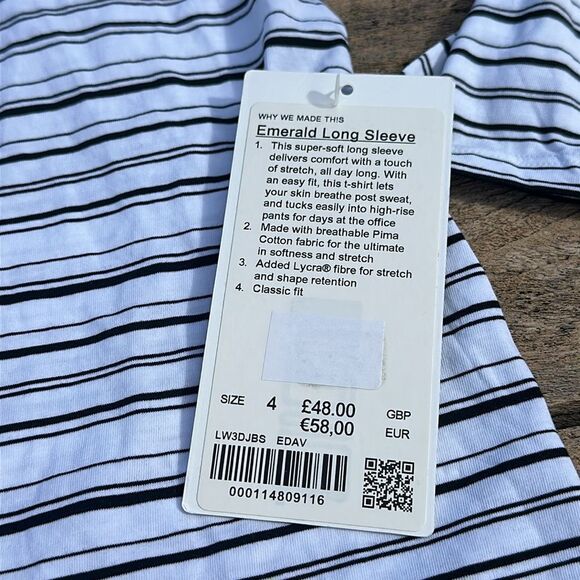 Lululemon Emerald Long Sleeve‎ Cut Back Stripe White Black size 4 NWT - Picture 3 of 7
